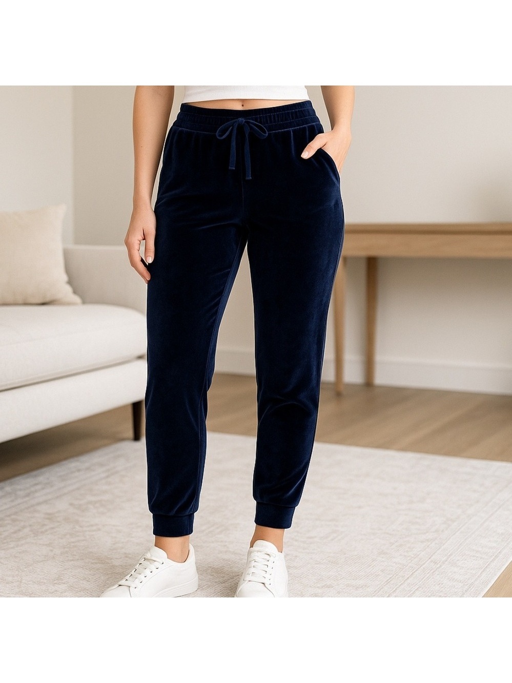 Fabletics Jogger Pants Navy Blue Velour Luxe Athleisure Drawstring S